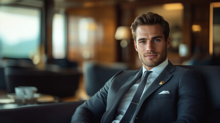Fototapeta premium Young Man in a Smart Grey Suit Sitting in a Boardroom, Smiling at the Camera