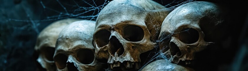 Naklejka premium skulls stacked in a dark corner, with cobwebs hanging between them, forgotten by time