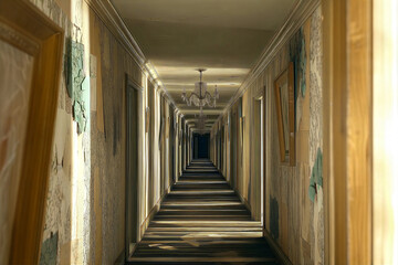 Long abandoned hotel corridor with peeling wallpaper and vintage frames