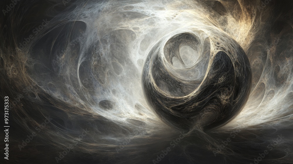 Wall mural 3d animation of an abstract sphere surrounded by swirls of light and shadow