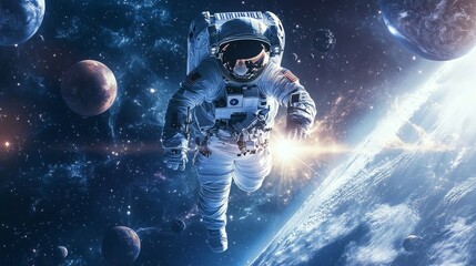 Fototapeta premium Astronaut in outer space against the background of an explosion and space objects