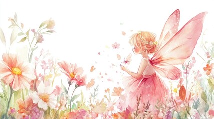 Pink fairy surrounded by flowers, perfect for girls' baby showers or birthday cards.