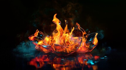 3D animation of a glass figure burning with bright flames in a dark space