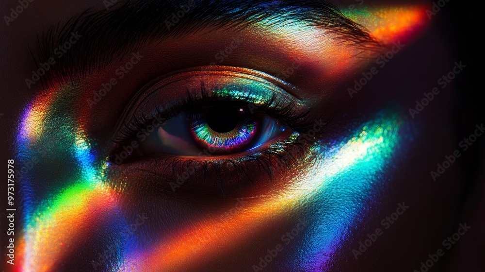 Wall mural 3d animation of an eye with rainbow highlights on a dark background