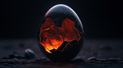 Naklejka premium Cracked 3d glass egg with a mysterious bat-shaped shadow emerging, symbolizing darkness and transformation in a surreal digital style