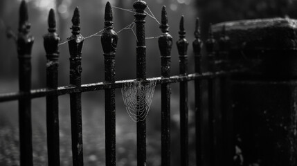 A black and white image showing a gate with a spiderweb covered in morning dew.