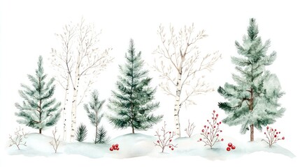 Obraz premium Scandinavian winter watercolor scene with birch and pine trees.
