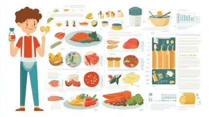 -based infographic showcasing healthy diet tips with nutritious foods like salmon, vegetables, and grains for maintaining a balanced lifestyle