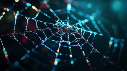 Obraz premium 3D animation of a detailed spider web with shiny drops and lighting effects