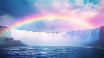 Fototapeta premium Rainbow over niagara falls mist rising. Niagara Falls. Illustration