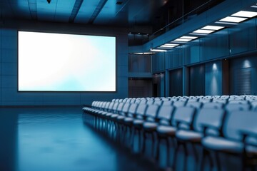 Naklejka premium A large empty auditorium with rows of chairs and a large screen,generative ai image