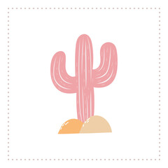 Cute minimalist pink cactus illustration in the desert, ideal for decor, kids' designs, and patterns