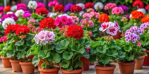 Vibrant geraniums bursting with color and texture, available in a variety of sizes and hues, each one a stunning addition to any outdoor or indoor space.