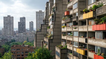 Fototapeta premium A cityscape with multiple Neo Brutalist structures, featuring massive concrete blocks, minimalistic facades, and bold architectural lines