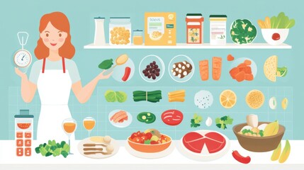 Colorful infographic of healthy cooking with diverse ingredients featuring a young woman preparing a nutritious meal with vegetables, fish, and grains