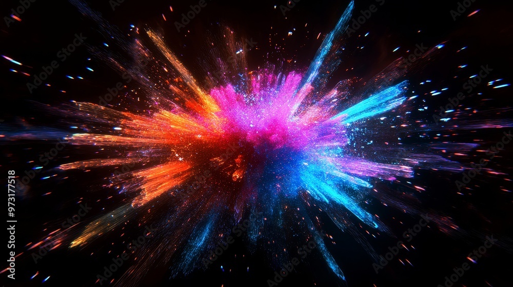 Wall mural 3d animation of a colored particle explosion with bright shades on a black background