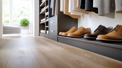 An organized open closet with grey shelves and dark grey cabinets on the floor, displaying a vibrant collection of shoes in different colors, the roomâs white walls providing a cle