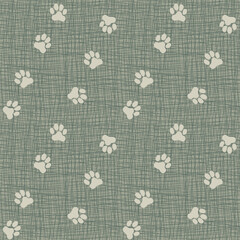 Dog paw seamless vector pattern background. Neutral scattered canine backdrop with burlap texture. Dog tracks animal repeat for doggie and pet products, blog. Small elements all over print.