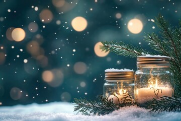 Fototapeta premium Mini Jar Ornaments With A Sprig Of Evergreen Tree In A Snowy Winter Night - Christmas, New Year And Winter Background with generative ai