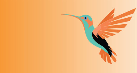 a colourful bird flying in the air on an orange background