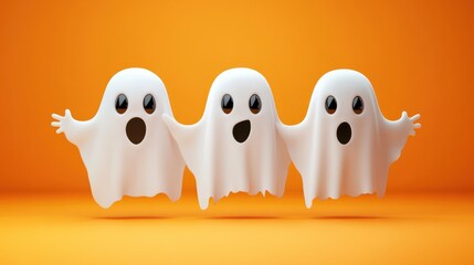 Obraz premium Halloween banner in orange color with three little sheet ghosts, empty space to insert advertising text