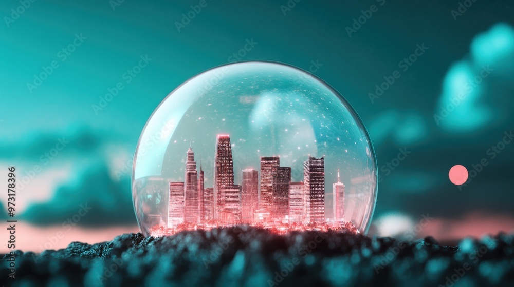 Wall mural a metaphorical image of a city under a digital dome, representing the protective layer shielding dat