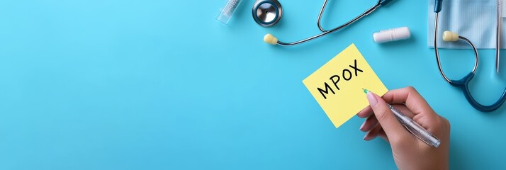 Top view of hand writing 'MPOX' on a sticky note with stethoscope and medical supplies. Concept of monkeypox healthcare