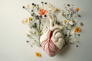 detailed anatomical heart intertwined with delicate flowers, merging science and art
