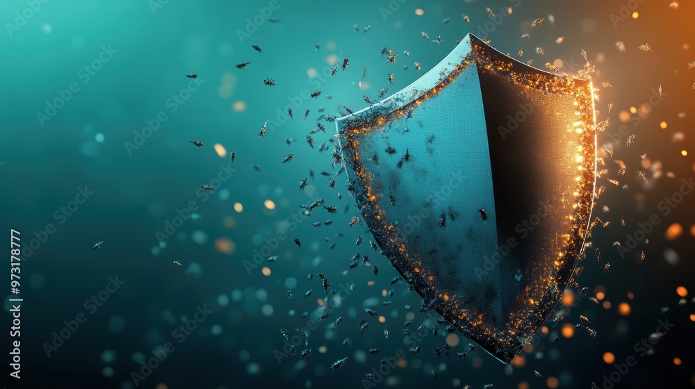 Poster a digital shield being attacked by a swarm of malicious code, representing the constant threats faci