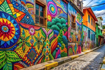 Vibrant street art adorns a colorful wall, showcasing intricate designs and bold colors in a captivating urban landscape.