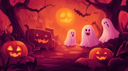 Fototapeta premium halloween themed cartoon background with pumpkins, creepy ghosts, and witches, in the style of dark pink and orange