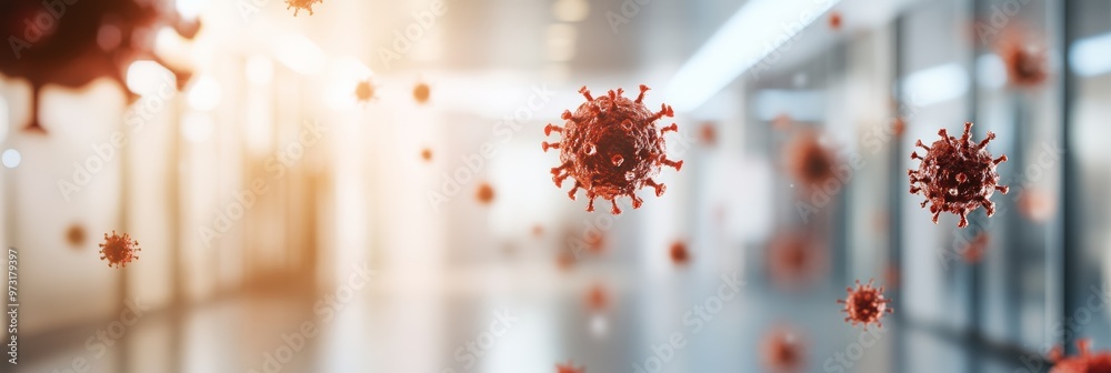 Aufkleber Close-up of 3D monkeypox virus model floating in a medical environment. Highlighting the spread of monkeypox virus.