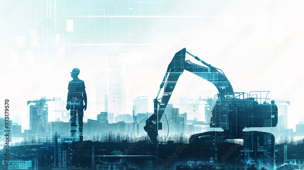 Poster architect silhouette combined with a city skyline and modern construction machinery, illustrating th