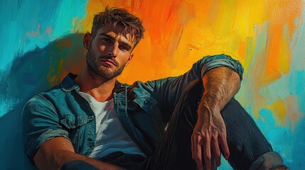 Handsome guy posing as a painted picture, muscular and beautiful model guy