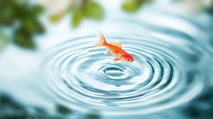 A ripple in a still pond reflecting a colorful, hand drawn illustration of a fish swimming upwards, creating an optical illusion of movement.
