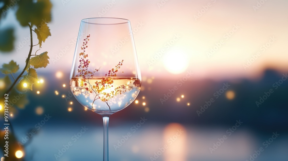 Sticker A glass of wine refracting the light from a candle, reflecting a hand drawn illustration of a grapevine, creating a warm and romantic atmosphere.