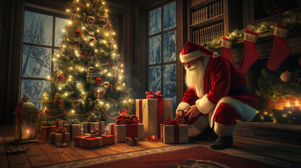 Santa Claus preparing beautifully wrapped gifts by a glowing Christmas tree in a cozy room
