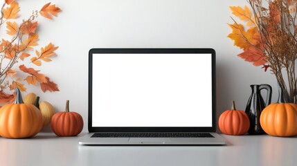 Laptop computer mock up white empty blank screen template Happy Halloween pumpkins decorations background, Thanksgiving digital online shopping website promo fall sale promotion offer ads, mockup.