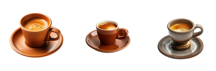 Set of a rich espresso shot in a small ceramic cup with a saucer isolated on a transparent background