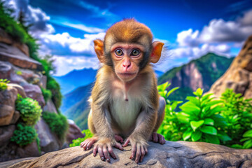 Obraz premium A Curious Baby Monkey Perched on a Rock with Mountainous Background
