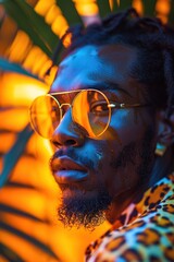 Cyberpunk lighting for a close-up portrait of a young black man, with a front-facing angle, blending half his face with a bold leopard print pattern