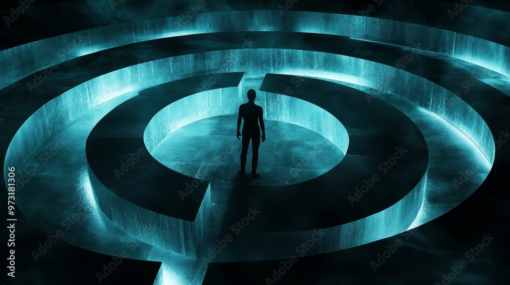 Canvas Prints man stands in the center of a glowing maze with circular walls