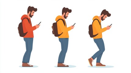 Obraz premium Young man using smartphone in various seated and standing positions, showcasing different posture habits with colorful illustration
