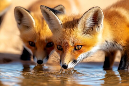 A family of desert foxes drinking from the oasis, their fur blending in with the sandy landscape as they enjoy the refreshing water
