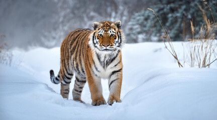 Obraz premium Tiger in wild winter nature. Amur tiger in the snow. Cold winter in tajga