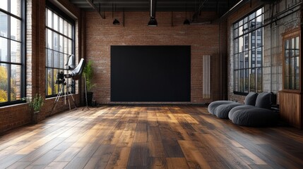 Photography Studio Floor: Displaying photography backdrops, lighting equipment, cameras, and photographers capturing images