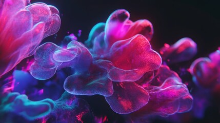 Abstract 3D cloud of neon pink and blue smoke in a dark background