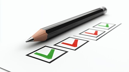 Close-up of a pencil on a checklist with green and red check marks.