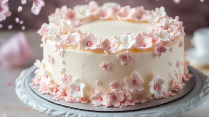 An elegant cake adorned with delicate fondant flowers in pastel tones, placed on a decorative stand