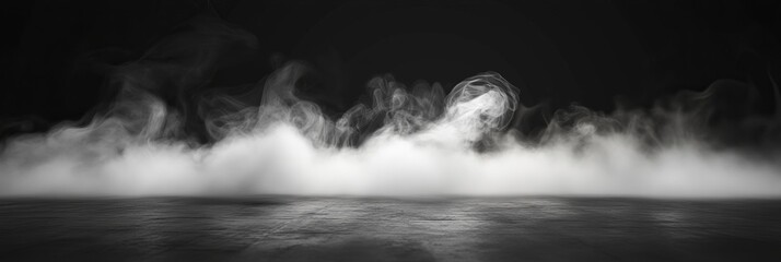 Fototapeta premium Smoke black ground fog cloud floor mist background steam dust dark white horror overlay. Ground smoke haze night black water atmosphere 3d magic spooky smog texture isolated transparent effect circle 